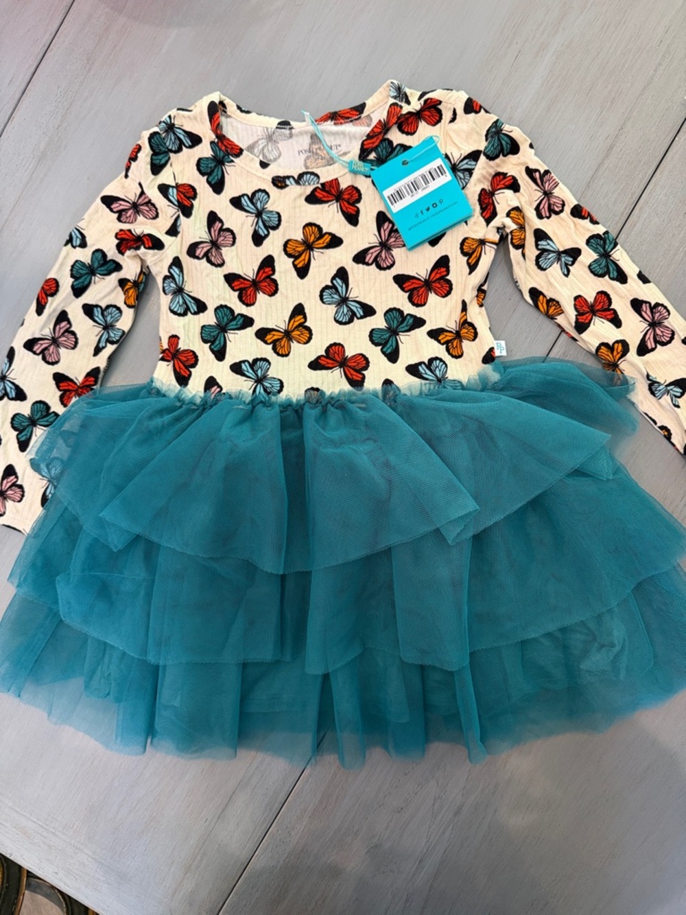 Posh Peanut Butterfly Print Cream Dress with Teal Tulle Skirt